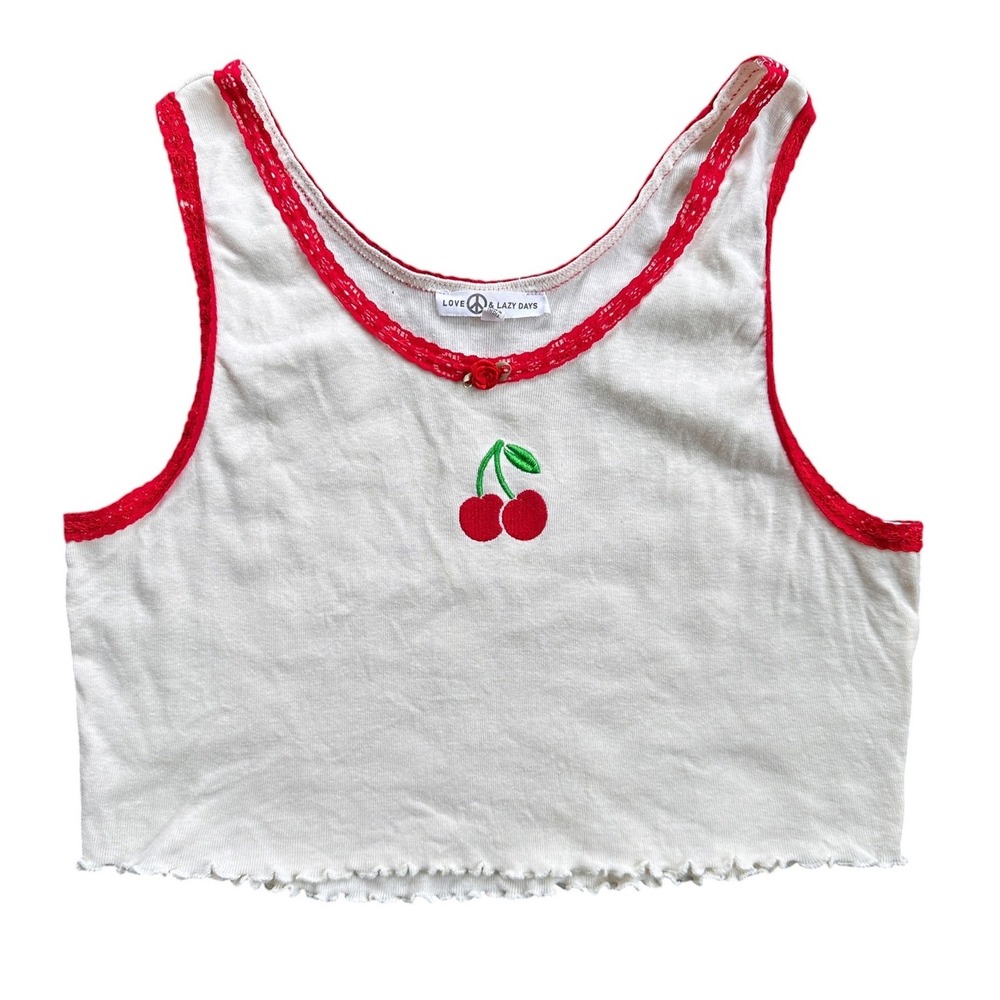 Love Peace & Lazy Days Cherry Crop Tank Top Wmns L White Red Excellent Lace Trim